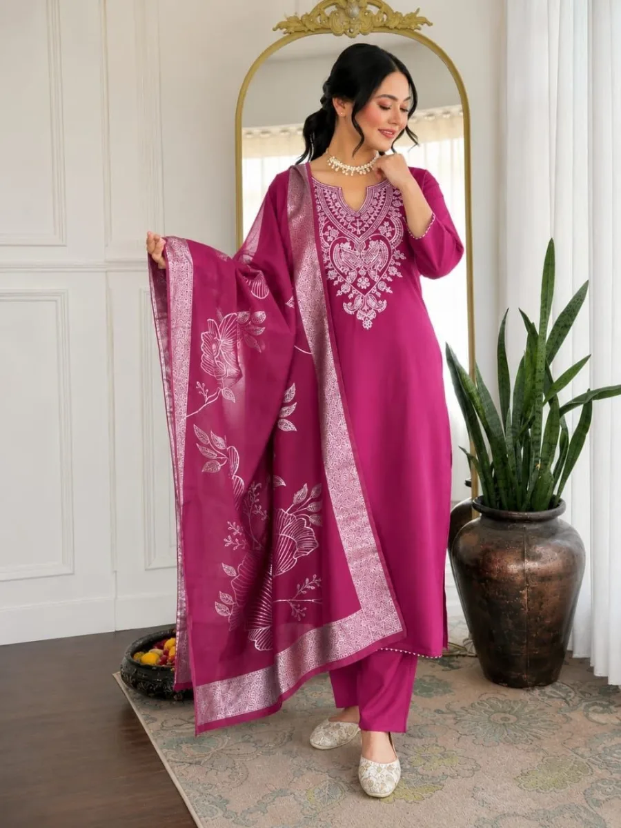 Embroidered Rayon Salwar Suit with Floral Dupatta
