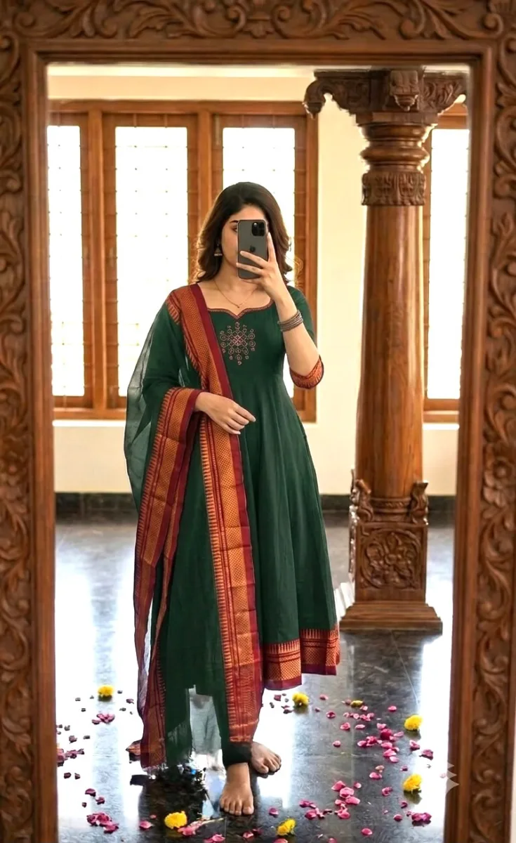 Cotton Anarkali Suit with Zari Border Dupatta