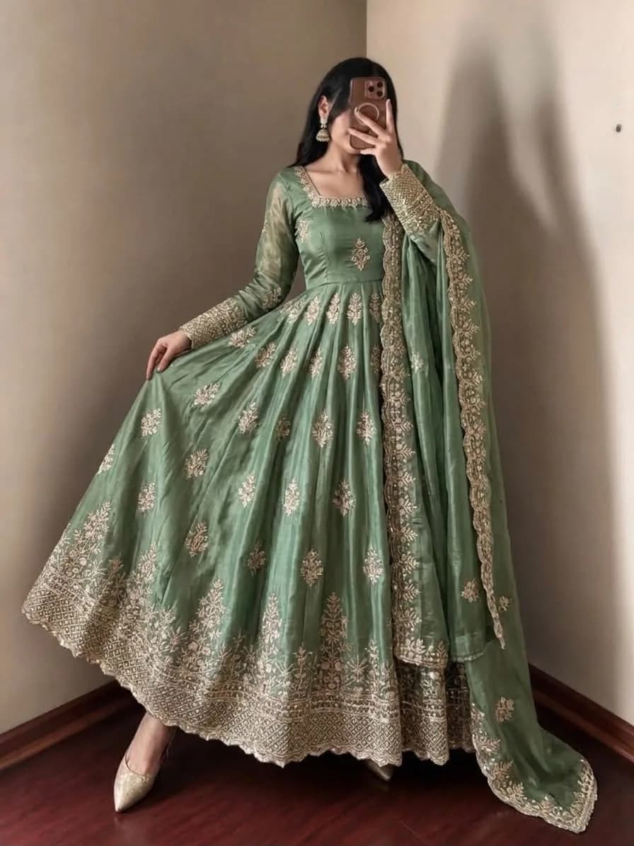 Fendy Silk Embroidered Gown with Dupatta