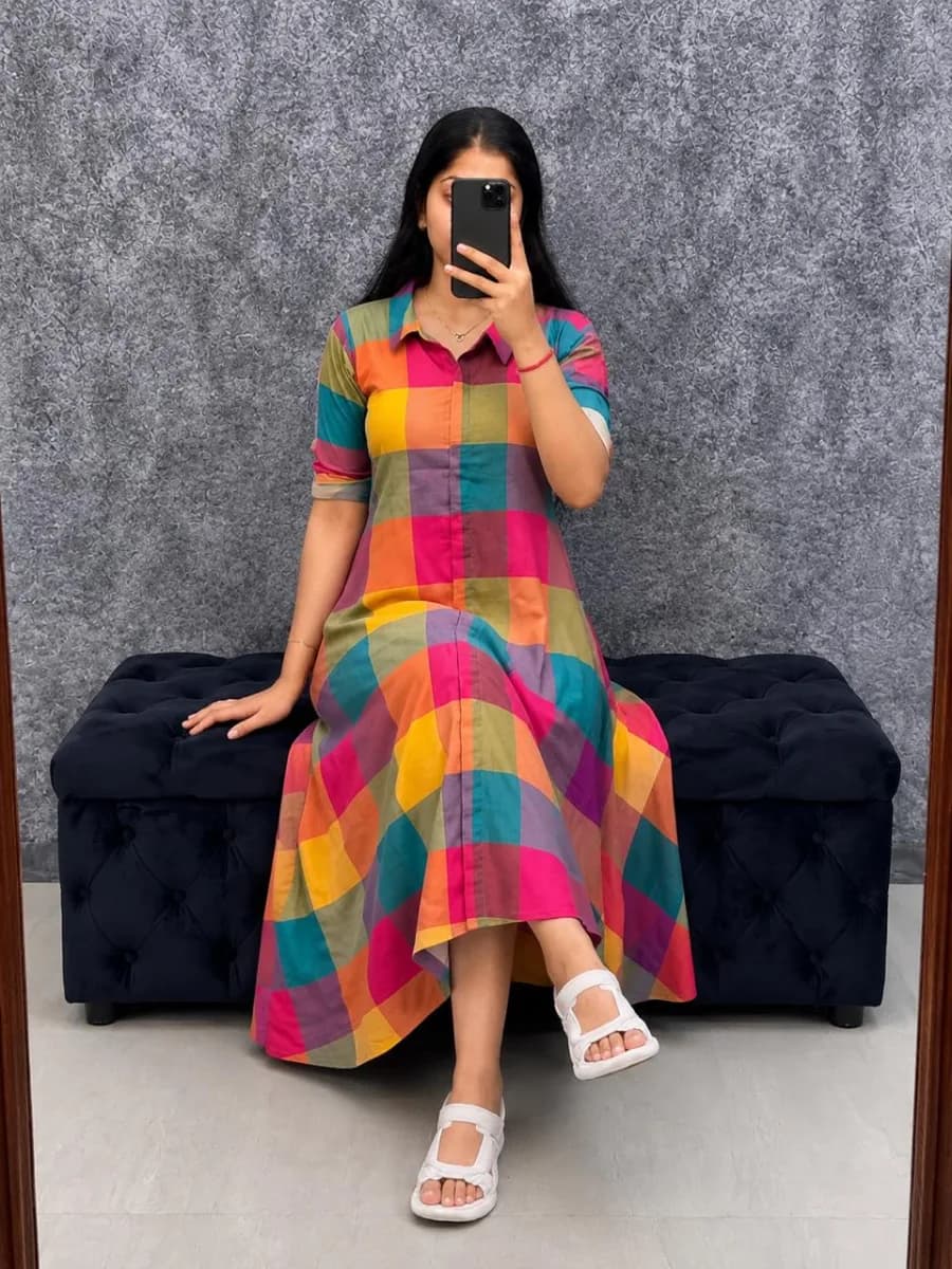 Slub Cotton Plaid Anarkali Dress